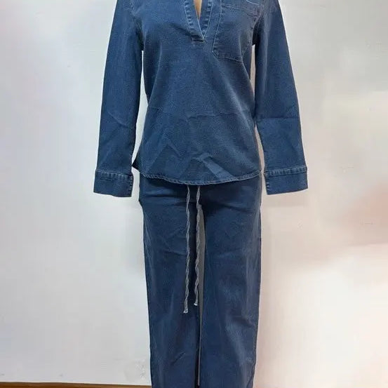 Fashion Women's Set Long Sleeve Washed Denim Tops Shirts + Wide Leg Pants Suit 2025 Spring Street Two 2 Piece Set Outfit Blue