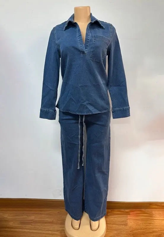 Fashion Women's Set Long Sleeve Washed Denim Tops Shirts + Wide Leg Pants Suit 2025 Spring Street Two 2 Piece Set Outfit Blue