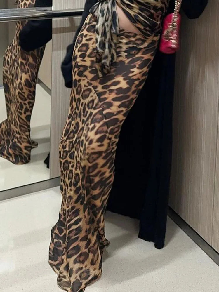 Leopard Printed See Through Skirt For Women Sexy Vintage Lace Spring Chic High Waist Hip Wrapped Slim Skirts