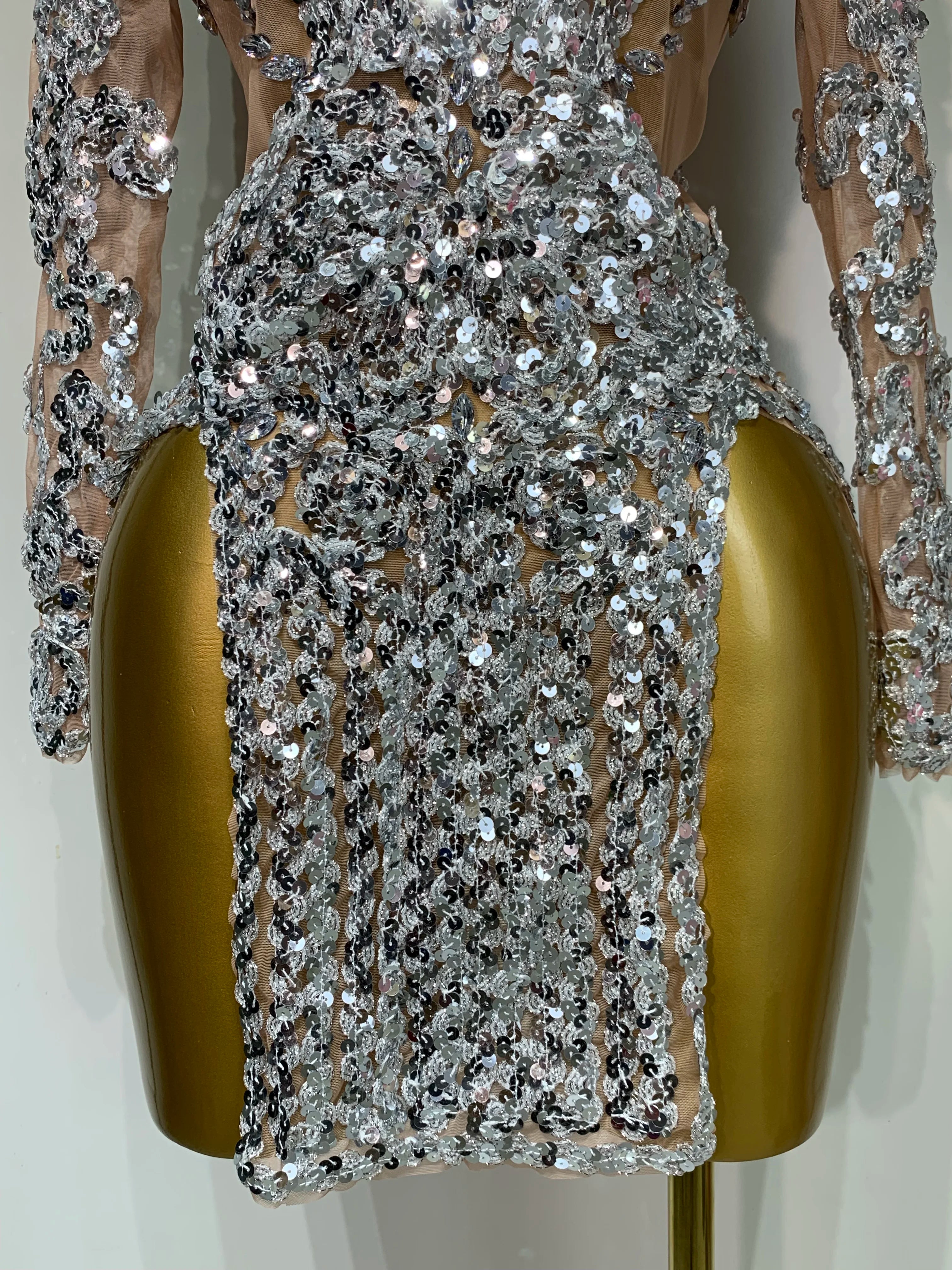 Sparkly Silver Gold Sequins Short Dress Sexy High Slit Women Nightclub Evening Party Dress Birthday Singer Stage Show Outfit