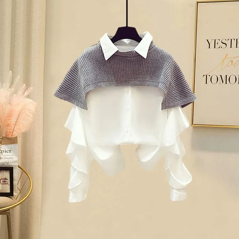 Spring and Autumn Suits Women's Fashion Waist Closing Slim Shawl Shirt Skirt Three Piece Set Shawl And shirt