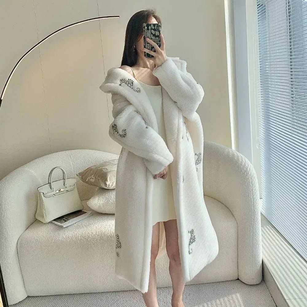 Faux Jackets For Women 2023 New MAX Hippocampus Teddy Bear Coat Women's Mid Length Outwear Alpaca Fur Silhouette Fur Coats Women