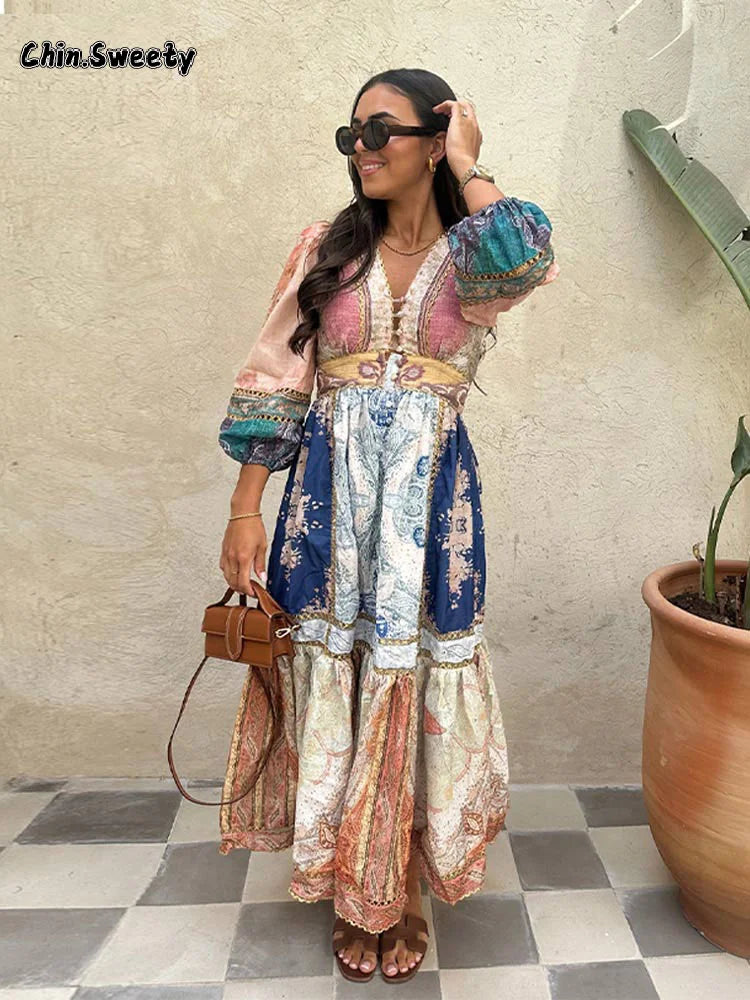 Vintage Women's Patchwork Printed Hollow Out Maxi Dress Fashion V Neck Long Sleeved Loose Dresses New Spring Female Street Robes