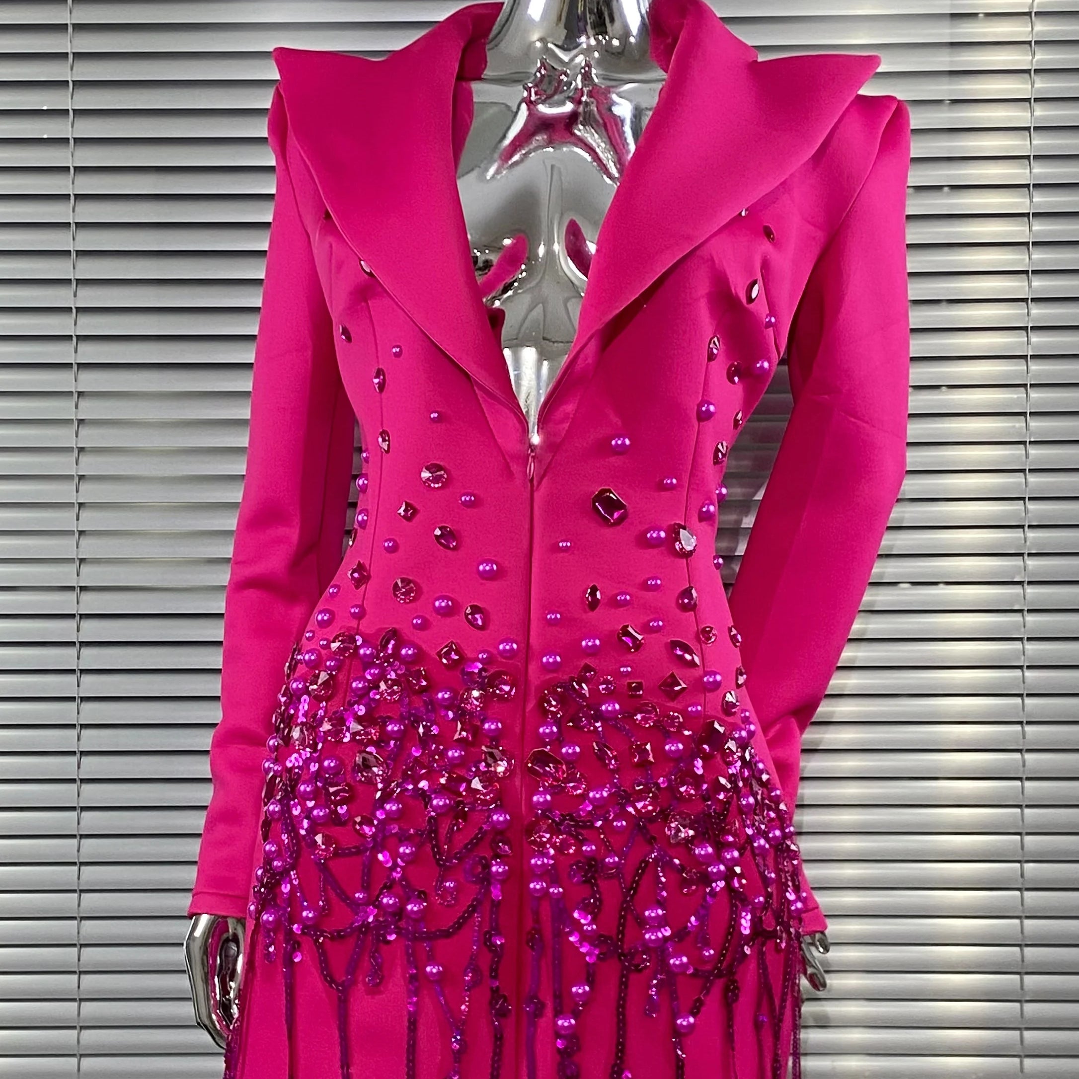 2025 Luxury Diamonds Shining Sequins Deep V-Neck Mini Suit Dress Fashion Woman Birthday Party Dress Stage Performance Costume Rose Red