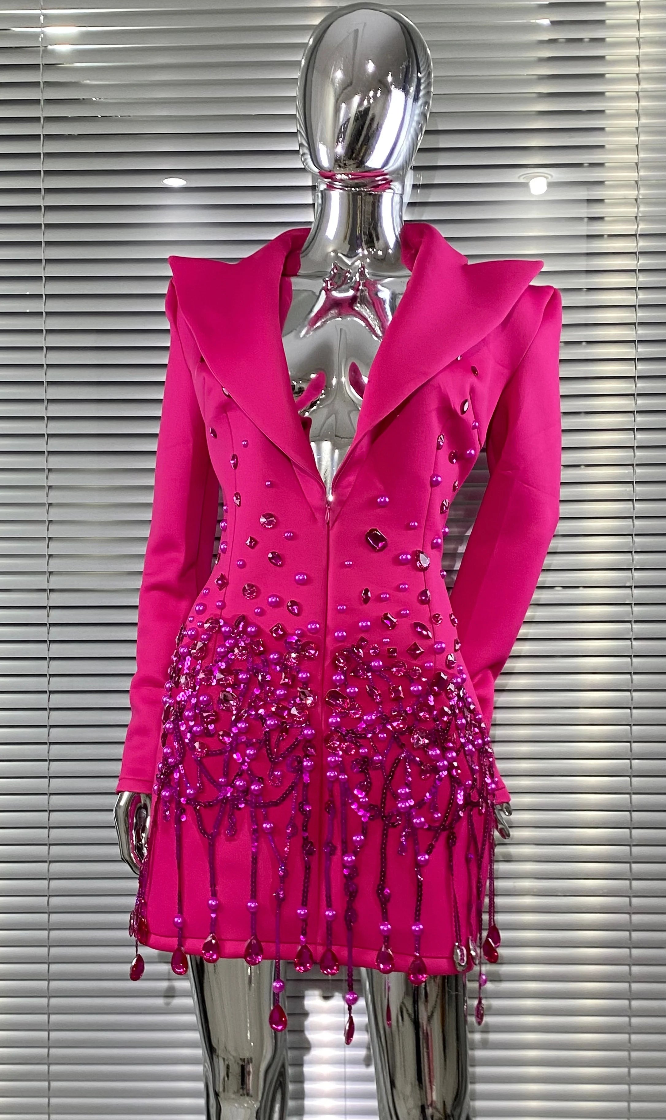 2025 Luxury Diamonds Shining Sequins Deep V-Neck Mini Suit Dress Fashion Woman Birthday Party Dress Stage Performance Costume Rose Red