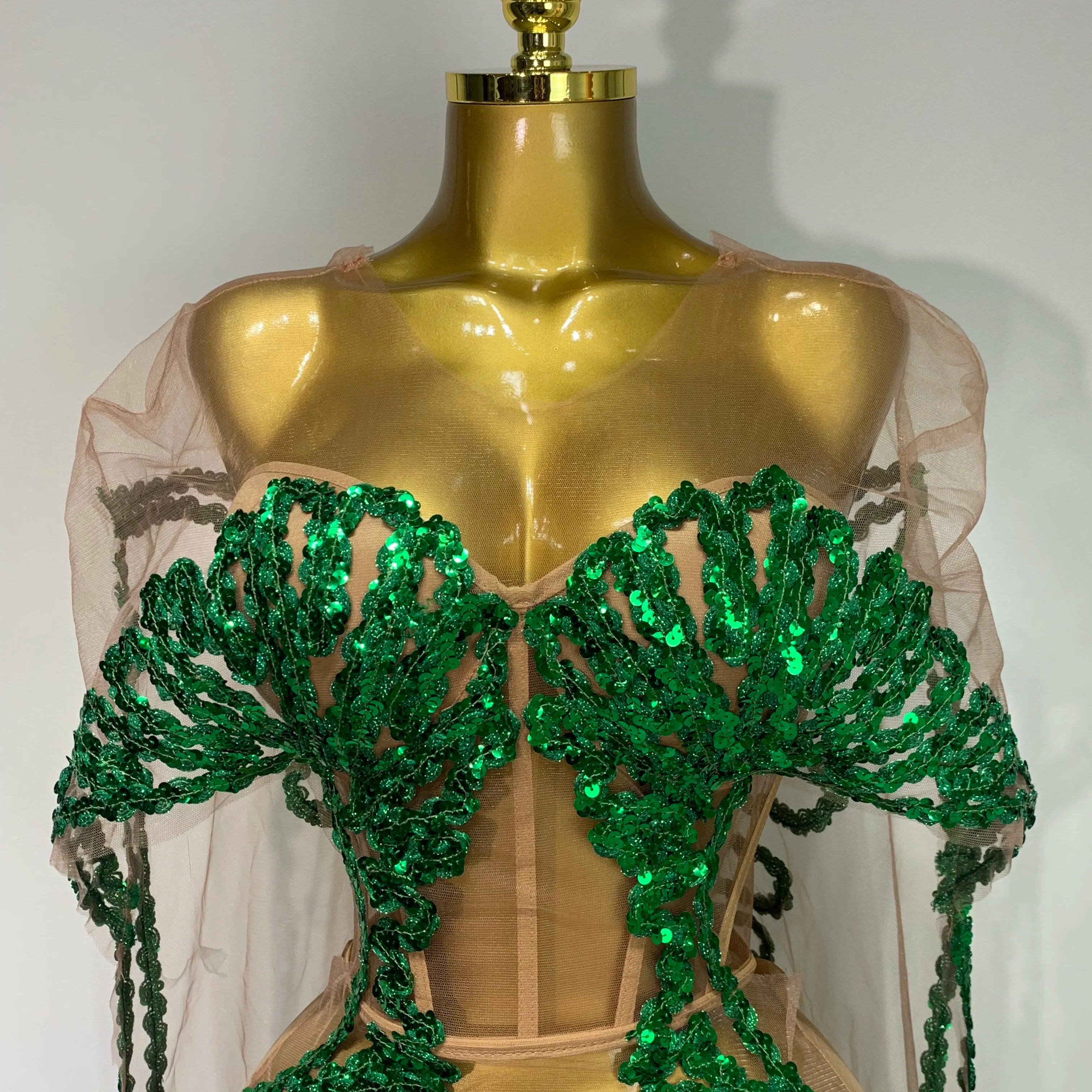 Sexy Mesh See Through Long Dress Sparkly Green Sequins Night Club Party Dress Cloak Birthday Celebrate Drag Queen Stage Costumes