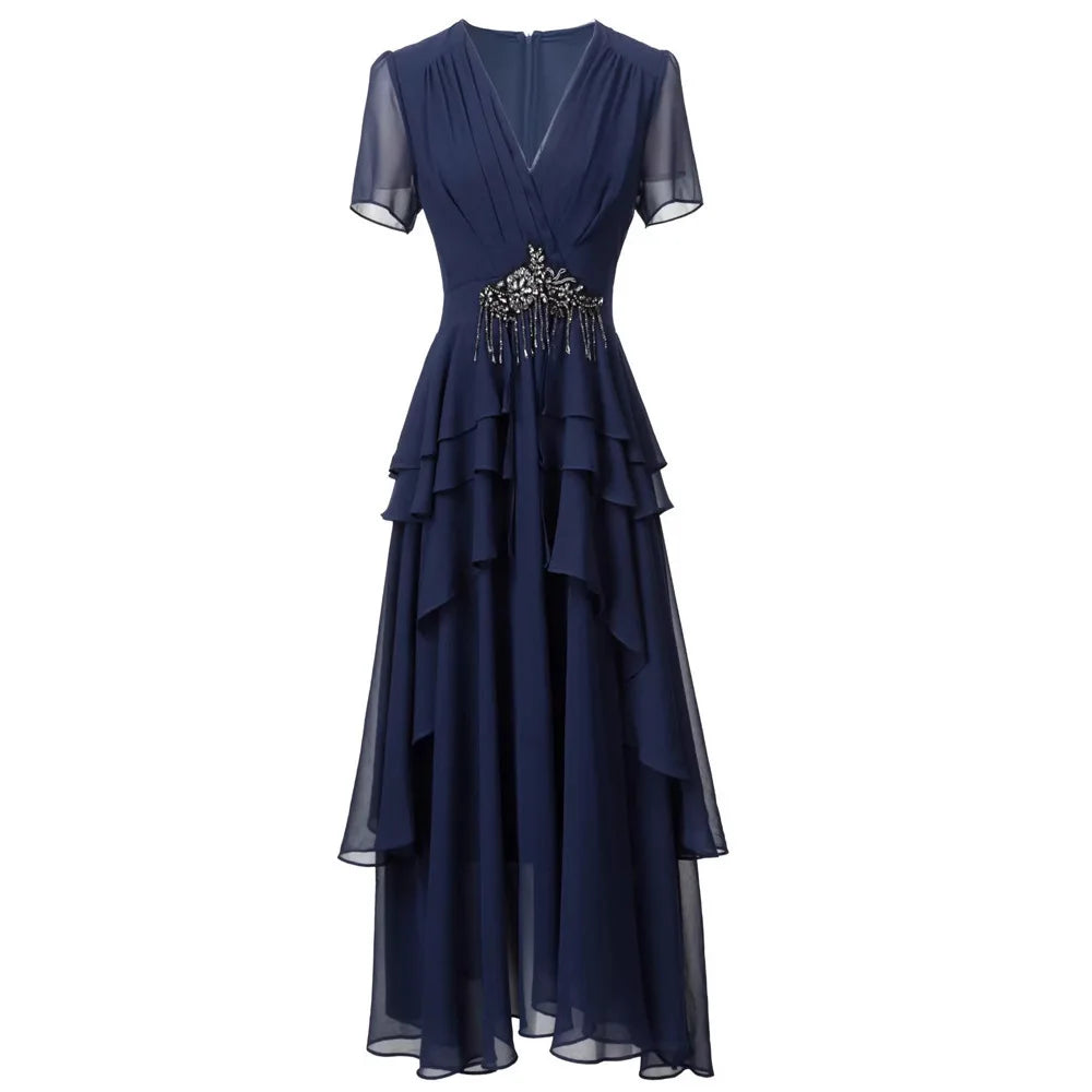 Solid Slimming Spliced Bead Dresses for Women V Neck Short Sleeves Patchwork Ruffles Folds Dress Female Clothes New NAVY