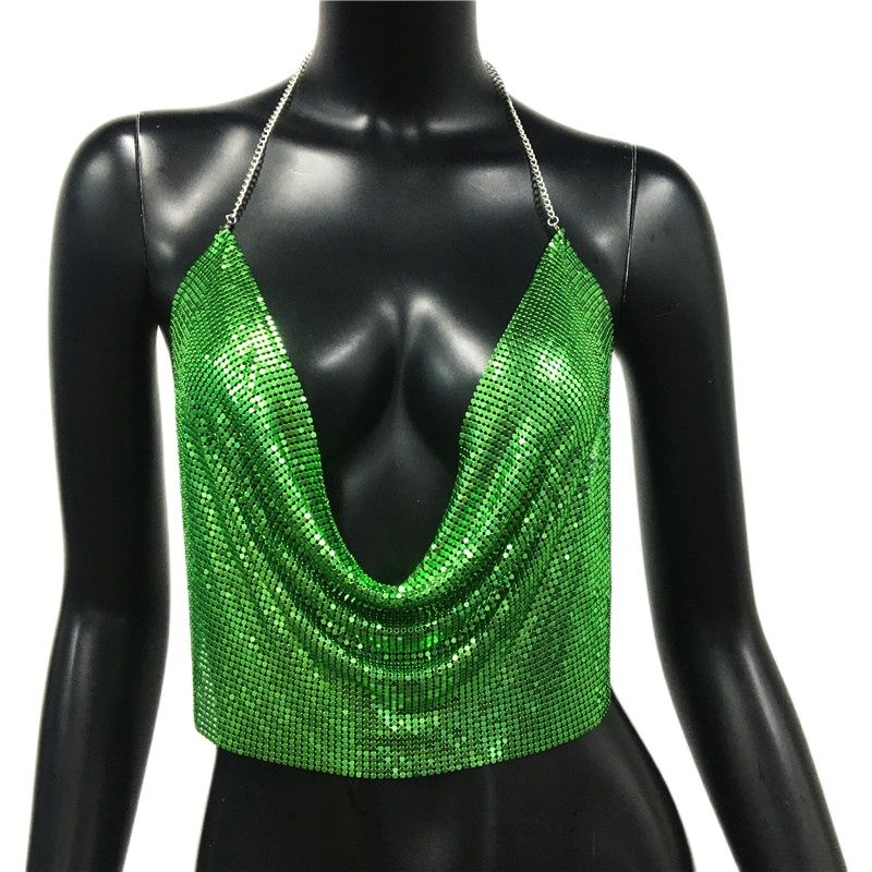 Women 2024 Sexy Metal Sequined Tank Camis Summer Gold Silver Backless Cropped Glitter Beach Club Show Wear Tank Tops Green 25 cm One Size