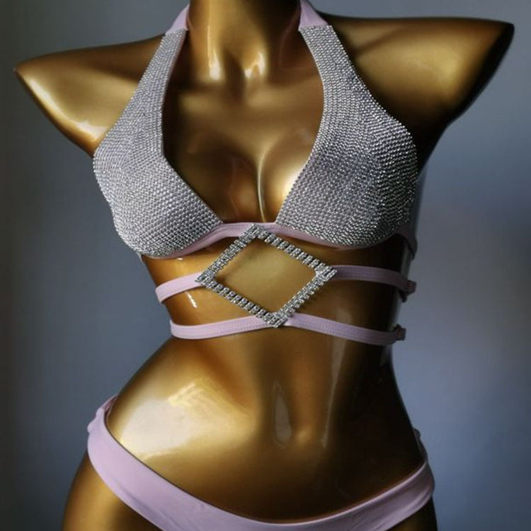 Swimwear Bikini Sets Swimsuit 2024 Summer Beach Shiny Crystal Rhinestone Padded Push Up Bikinis Set Outfits For Women Pink 2