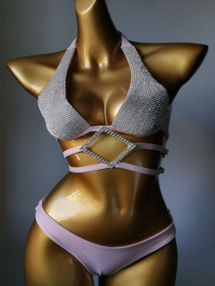 Swimwear Bikini Sets Swimsuit 2024 Summer Beach Shiny Crystal Rhinestone Padded Push Up Bikinis Set Outfits For Women Pink 2