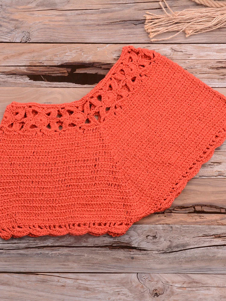 Bikini 2022 knitting Swimsuit Crochet Bikini Bohemia Style Off Shoulder High Neck Bathing Beach Bikinis Handmade Crochet Bikini Rusty Red Bottom