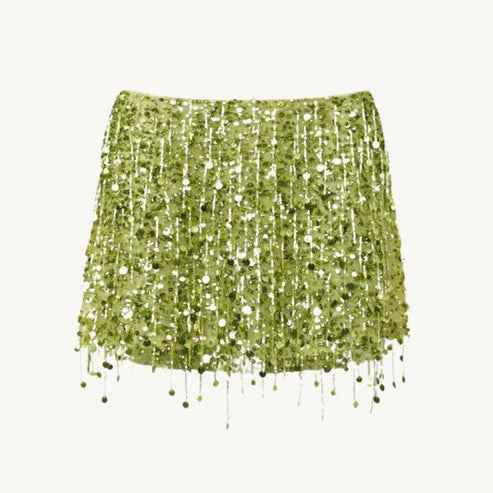 Y2K Tassel Sequin Mini Skirt Sets Women Crop Backless Sling Vest Short Hip Package A-line Skirts 2025 Summer Party Club Outfits green skirt