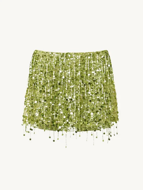 Y2K Tassel Sequin Mini Skirt Sets Women Crop Backless Sling Vest Short Hip Package A-line Skirts 2025 Summer Party Club Outfits green skirt