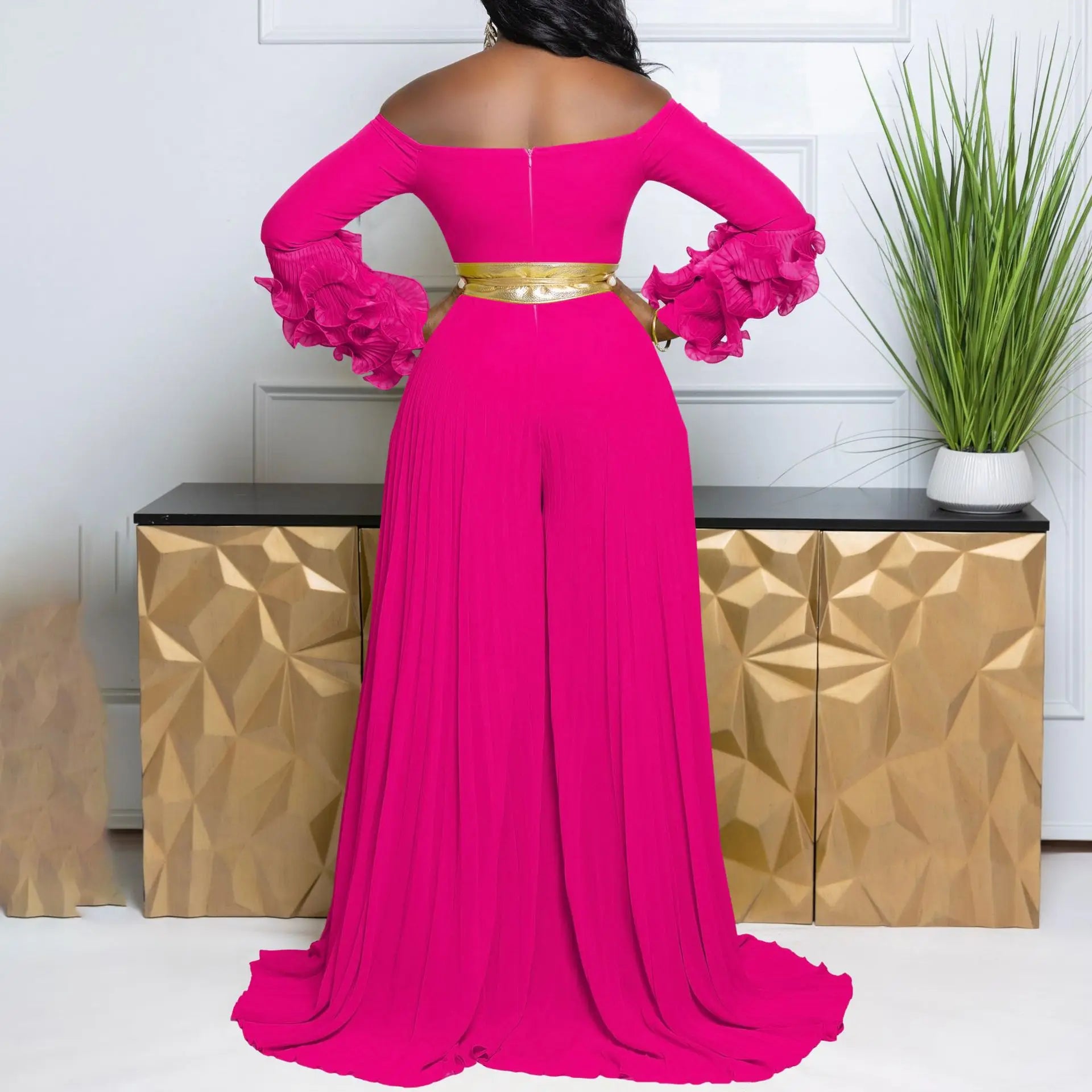 Women Long Ruffles Sleeve Pleated Slash Neck Wide Leg Long Jumpsuits Party Beach belt Street Sexy Africa Outfit Rompers