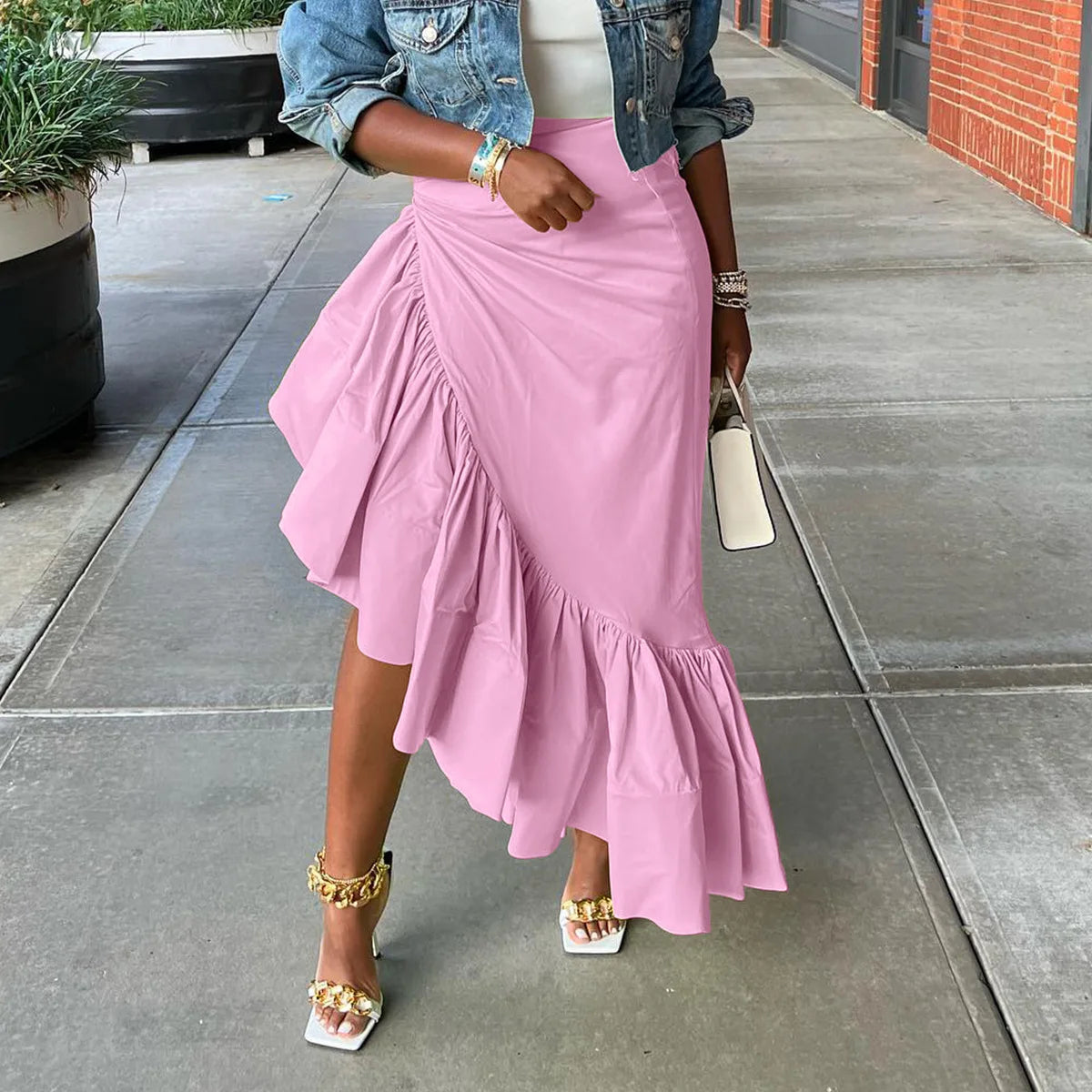 Women Ruffles Hem Asymmetrical High Waist Maxi Long Skirt 2022 Autumn Winter Streetwear INS Fashion Skirts Pink