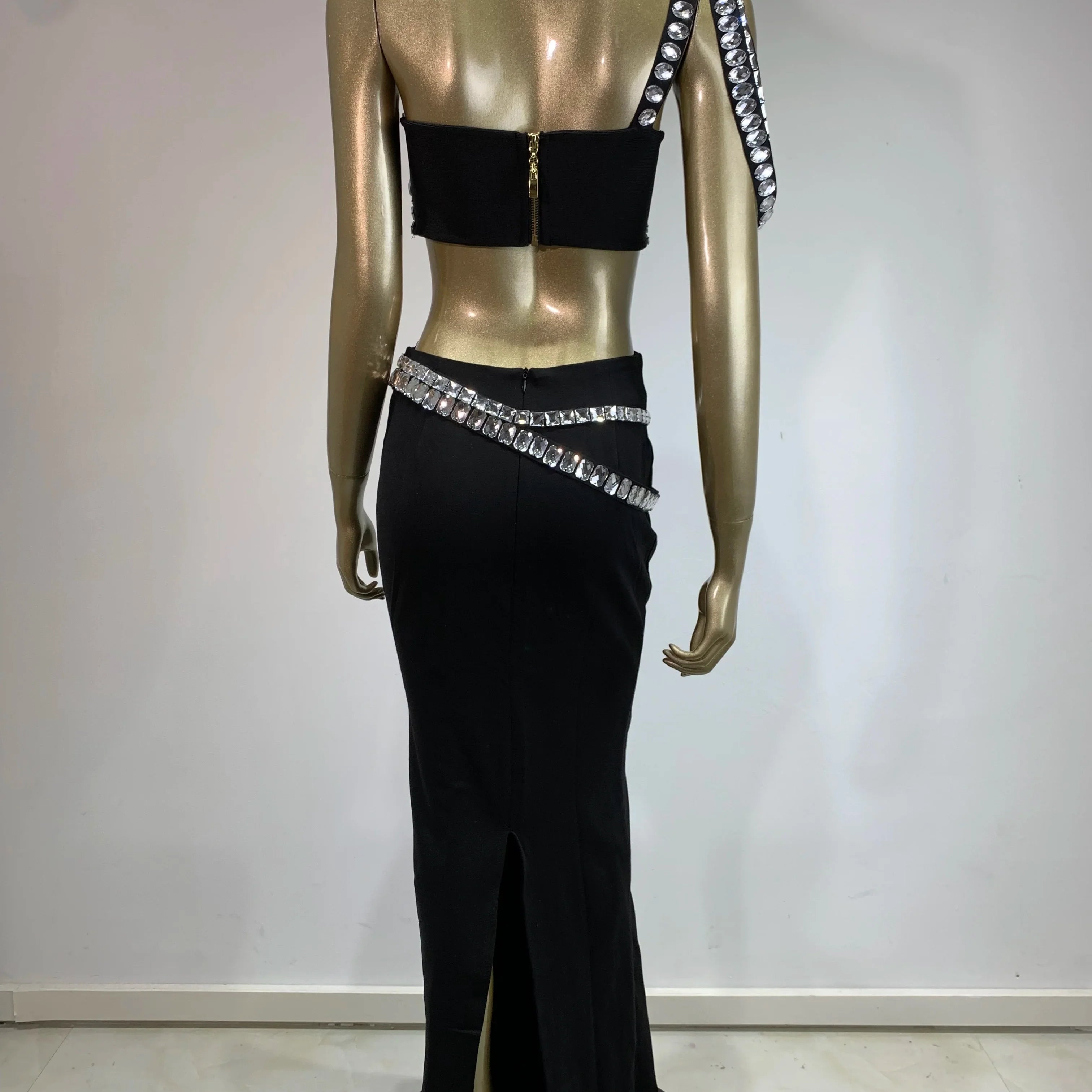 Women Summer Celebrity Sexy Beading Split Maxi Long Black Bandage Skirt Set Knitted Elegant Evening Club Party Clothing