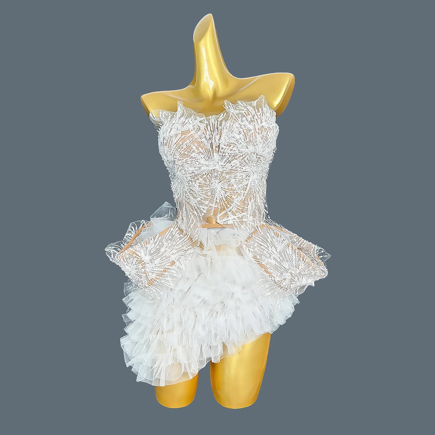 Sexy Sequins Pearls Women Top Short Skirt 2Pcs Club Dance Asymmetrical Dress Designer Party Celebrate Stage Wear Pugongying WHITE One Size