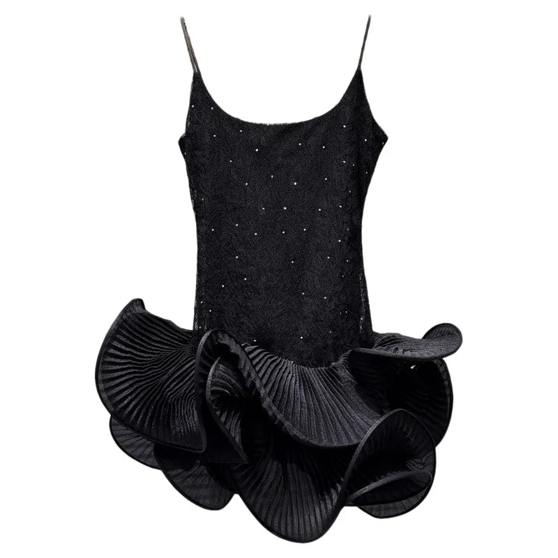 Winter New Fashion Elegant Sweet Rhinestone Ruffle Puff Hem Camisole Dress For Women Evening Party Dresses 11A07663