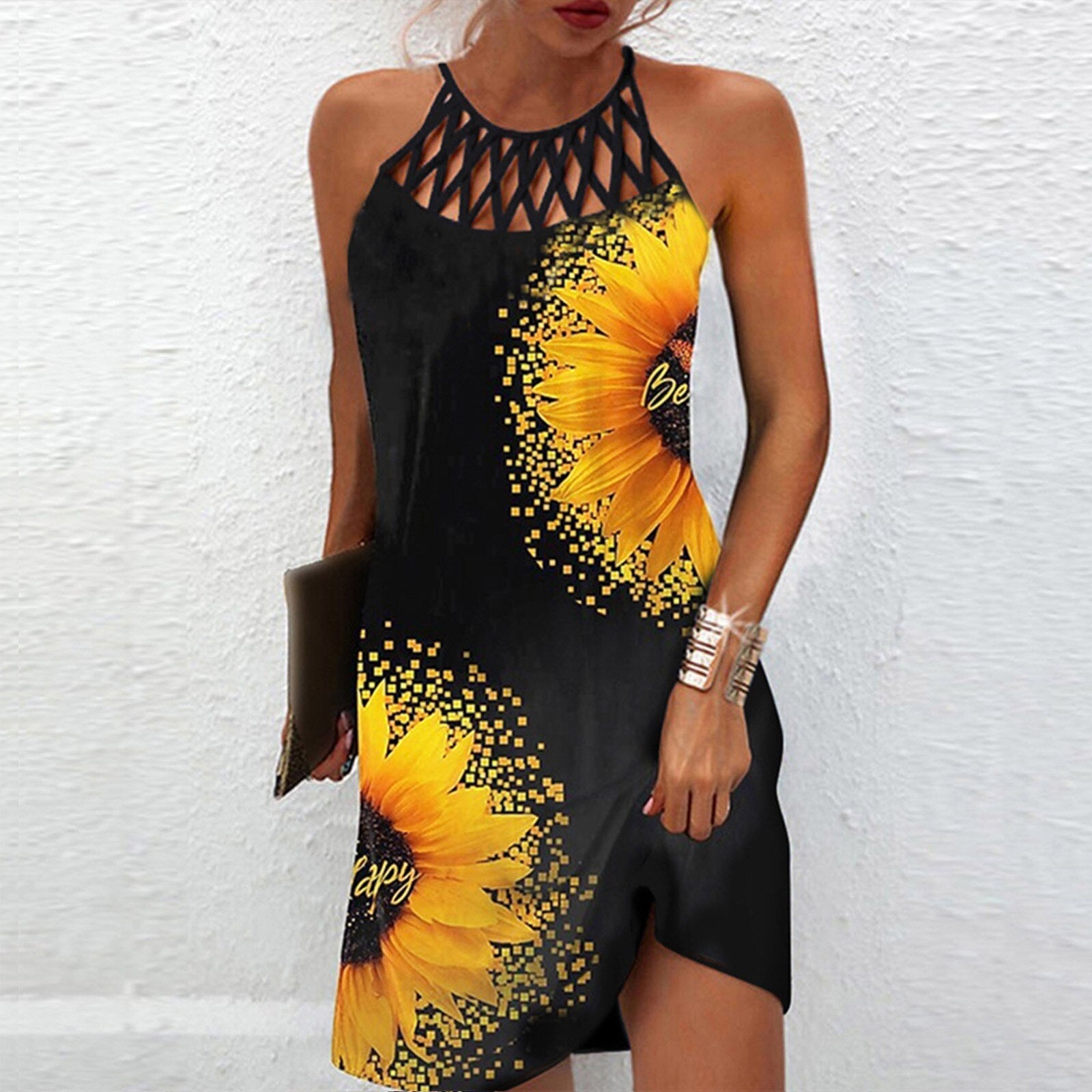 Summer Woman Vintage Tribal Print Off Shoulder V-Neck Design Casual Sleeveless Mini Boho Vacation Dress Vestido C-Yellow