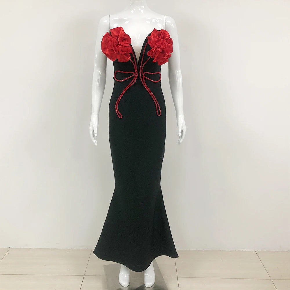 Black Red Florals Sexy Strapless Diamond Line Bodycon Bandage Long Dress Fashion Celebrate Nightclub Party Wear black