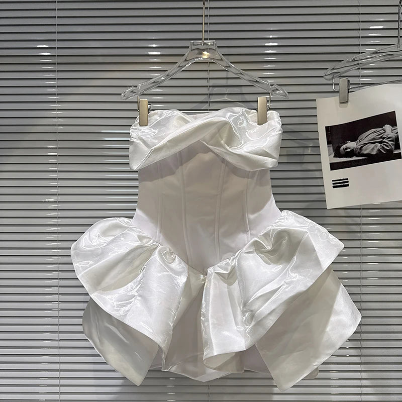 Winter New Sweet Fashion Ruched Twist Hem Fishbone Waist Cinching Strapless Dresses For Women Dress Female 11A07797 White