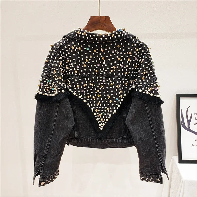 New Mujer Spring Autumn Streetwear Denim Jacket Women Hand-studded Pearls Punk Tassel Veste Femme Loose Short Jeans Coats black