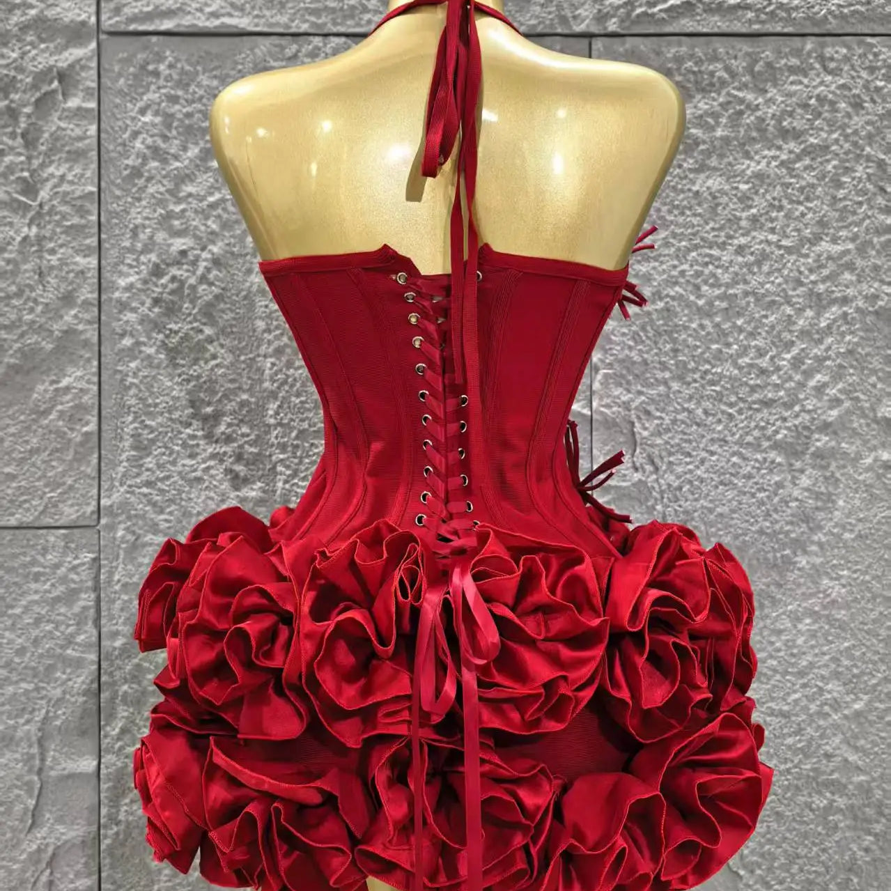 Red Color Women Sexy Halter Full Florals 2 Pieces Bodycon Mini Bandage Dress Celebrate Nightclub Party Birthday Dress