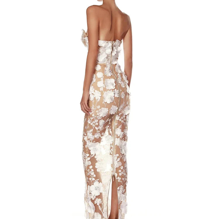 Sexy Strapless Embroidery Flower Long Dress Women Sleeveless Structured Floral Slim Elegant Party Cocktail Evening Gowns