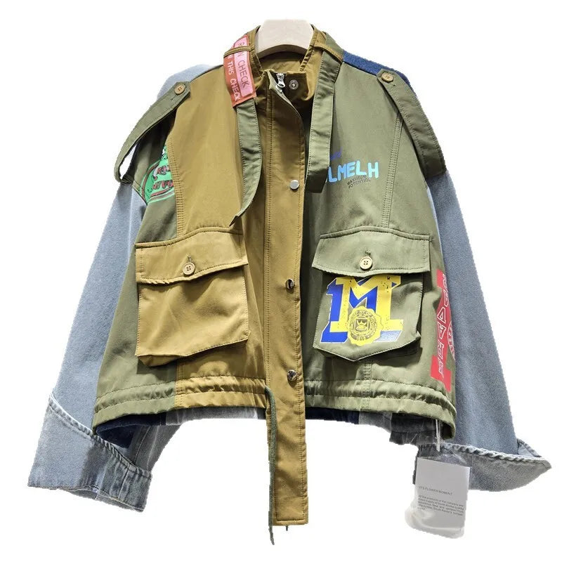 Autumn Winter New Fashion Street Style Loose Short Jacket For Women Letter Printed Contrast Color Coat Female 11A07725