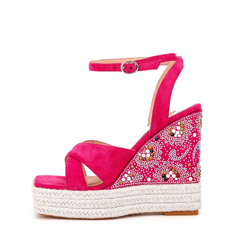 Summer New Suede Thick Bottom Wedge Sandals Round Head Diamond Inlaid Super High Heel Buckle Platform Fashion Sandals