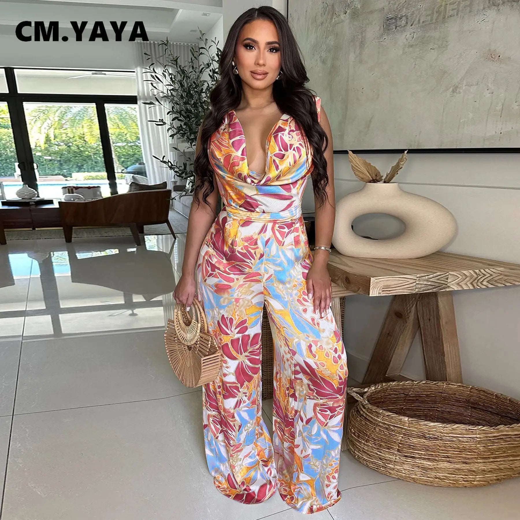 Leaf Printed Women Wide Leg Pile Neck Sleeveless Satin Jumpsuits 2025 Summer Beach Club Playsuit One Piece Suit Romper