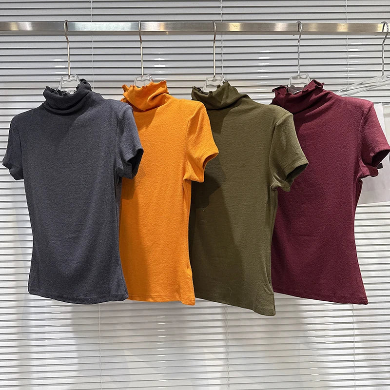 Winter New Fashion Solid Color Simple High Neck Shoulder Pad Short Sleeve T-shirt For Women Slim Fit Top 11A07774