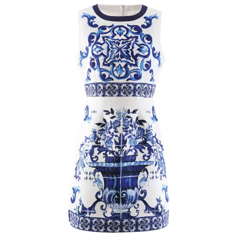 Runway Summer Short Dress Women's O-Neck Sleeveless Yellow Blue And White Porcelain Flower Print Holiday Tank Mini Vestidos blue