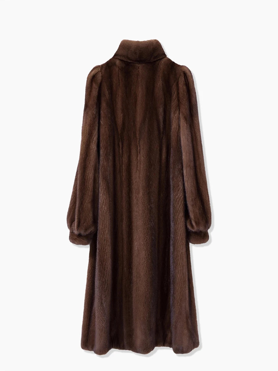 Lautaro Winter Long Luxury Elegant Stylish Thick Warm Fluffy Soft Brown Faux Mink Fur Coat Women Puff Sleeve Stand Collar 2025