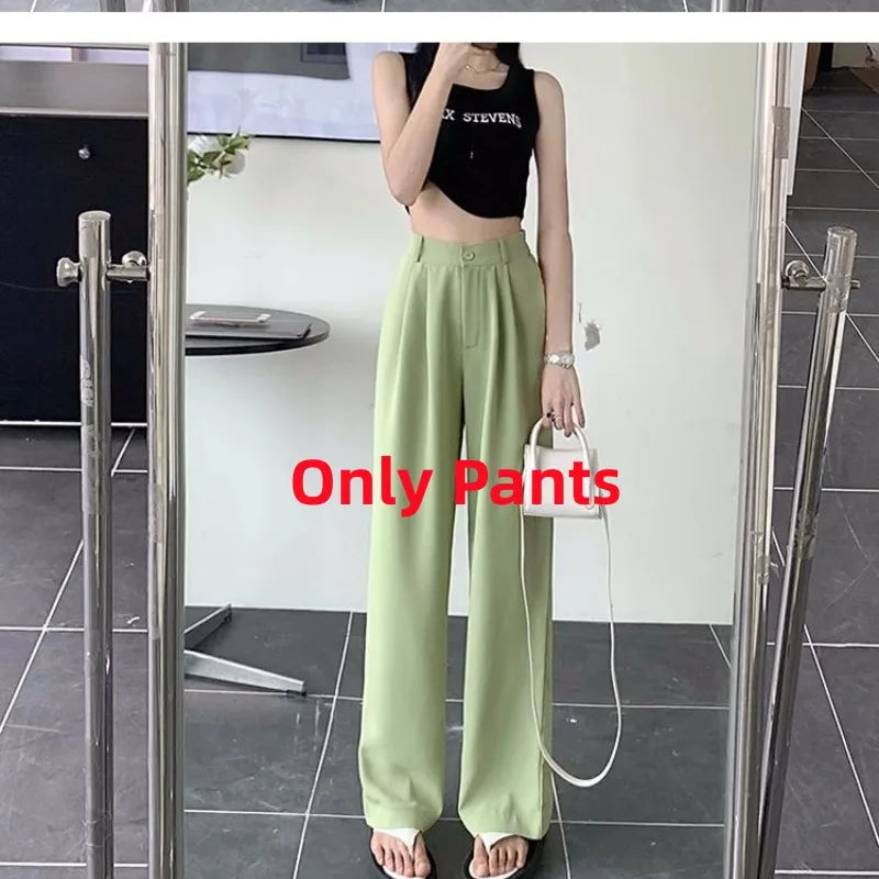Women's Summer Fashion Hollow Out Shirt+Suspender+Wide Leg Pants Three Piece 2024 New in Matching Set Korean Elegant Tracksuit Green Pants
