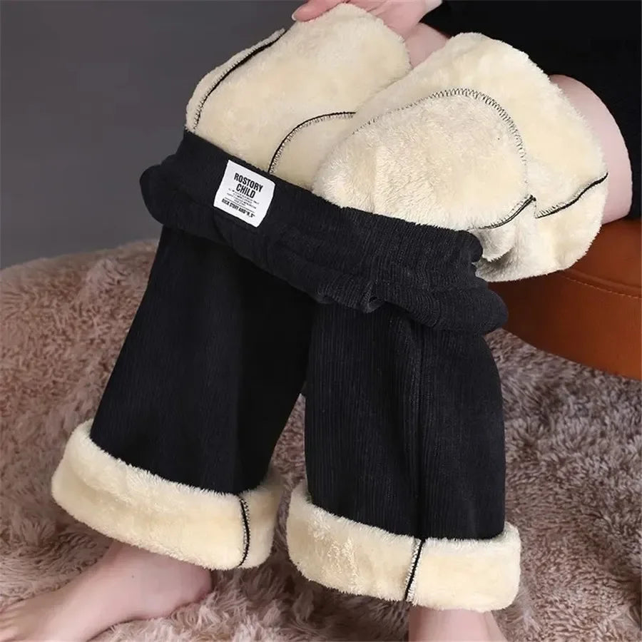 Winter Fleece Lined Wide Leg Pants CasualThicken Warm Baggy Sweatpants Women HighWaist Korean Lamb Fluff Straight Pantalones Black