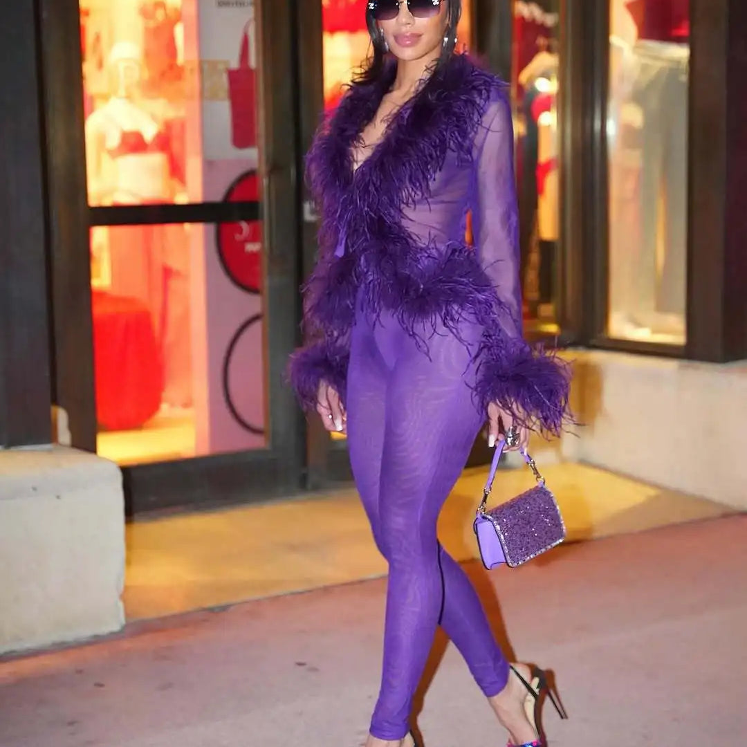 Fashion Mesh See Though Women's Set Feather Side Long Sleeve Crop Top and Legging Pants 2025 Sexy Two 2Piece Sets Outfit Purple