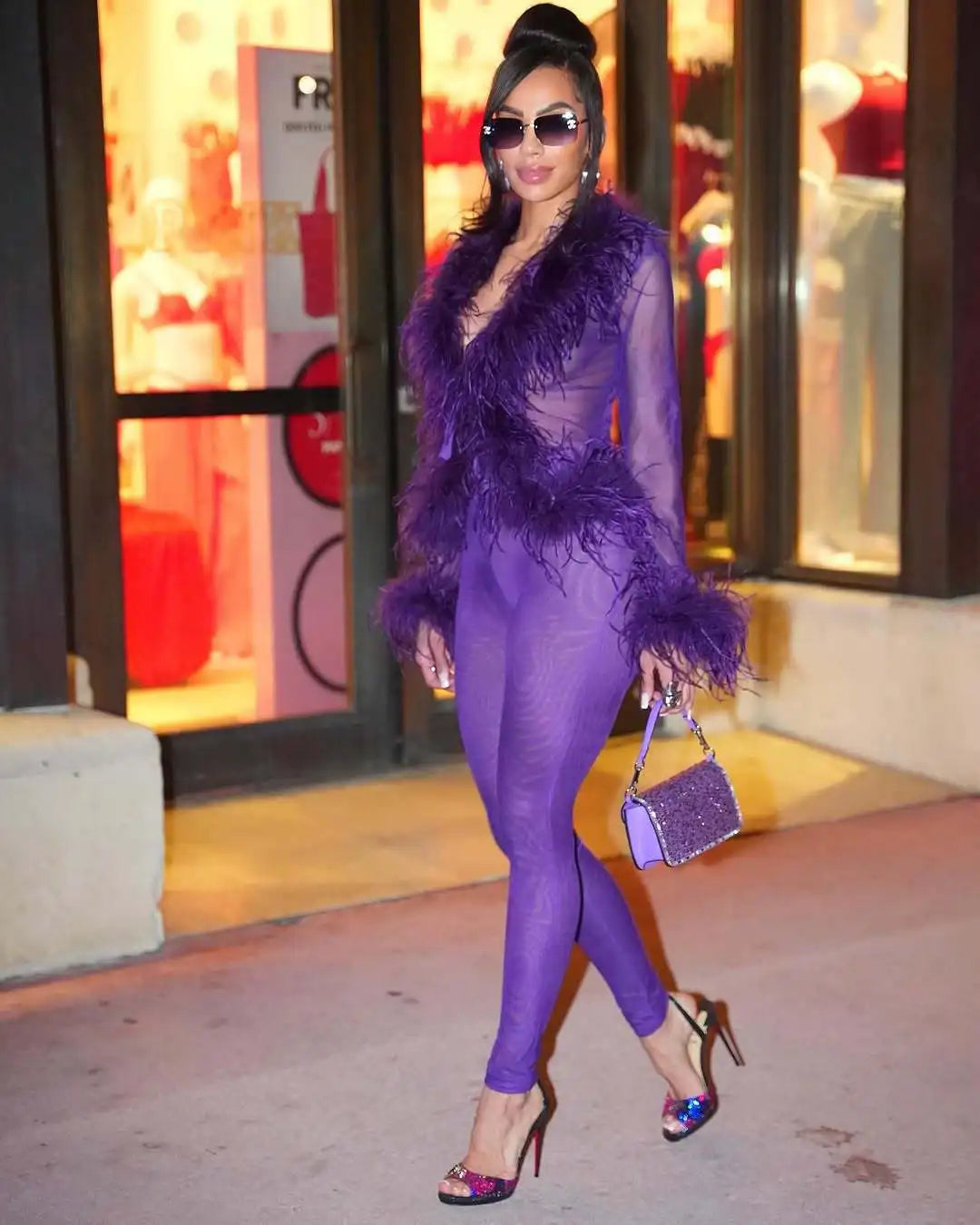 Fashion Mesh See Though Women's Set Feather Side Long Sleeve Crop Top and Legging Pants 2025 Sexy Two 2Piece Sets Outfit Purple