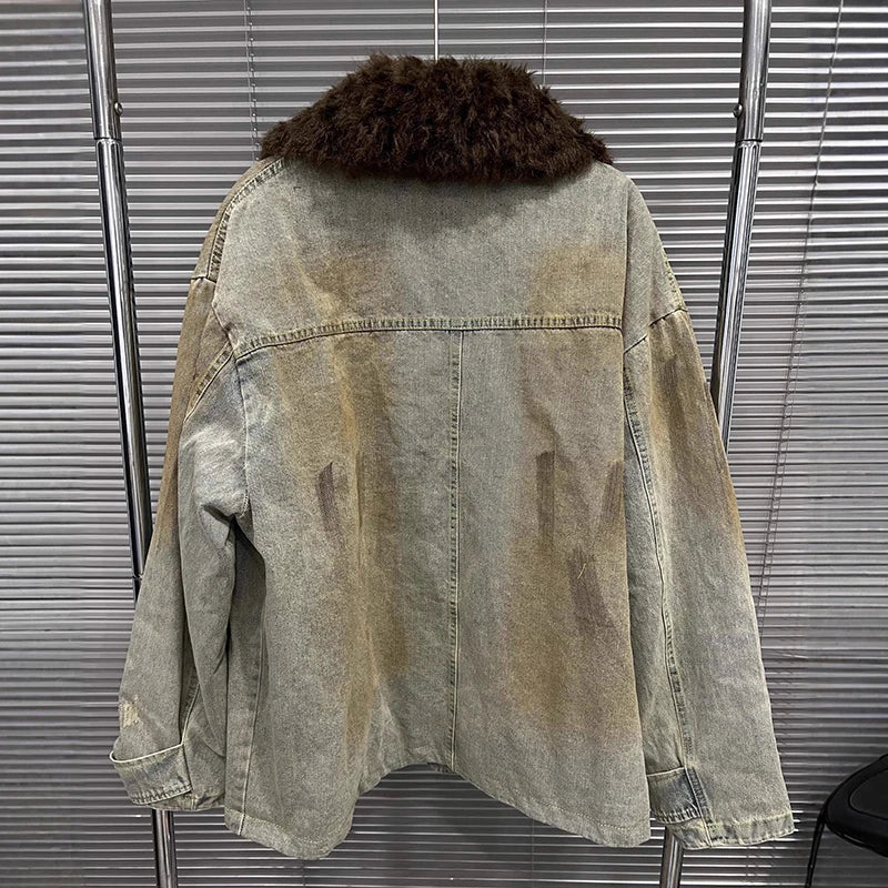 Autumn Winter New Casual Distressed Mid-Length Hook Large Fur Collar Dirty Look Denim Jacket For Women 11A07908