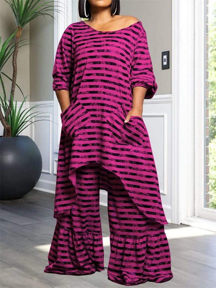 Wmstar Plus Size Two Piece Women Clothing Long Sleeve Long Top and Pants Sets Striped Matching Set Wholesale Dropshopping 2024 Fuchsia