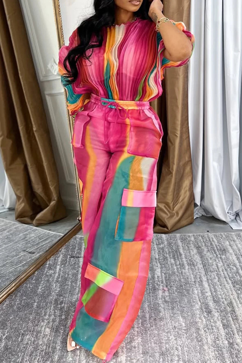 Plus Size Daily Hot Pink Gradient Round Neck Batwing Sleeve Half Sleeve Cargo Pleated Two Piece Pant Sets