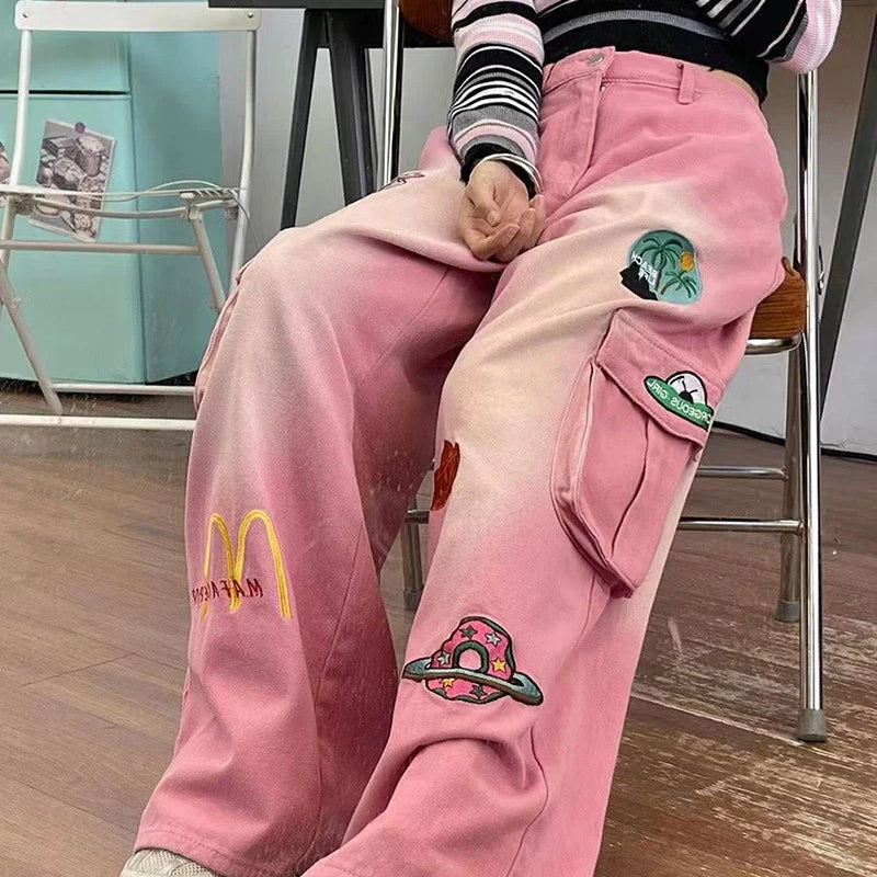 American Pink Cartoon Embroidered Baggy Cargo Mom Jeans for Women Spring New Waist Slimming Wide Leg Pants Trousers Female