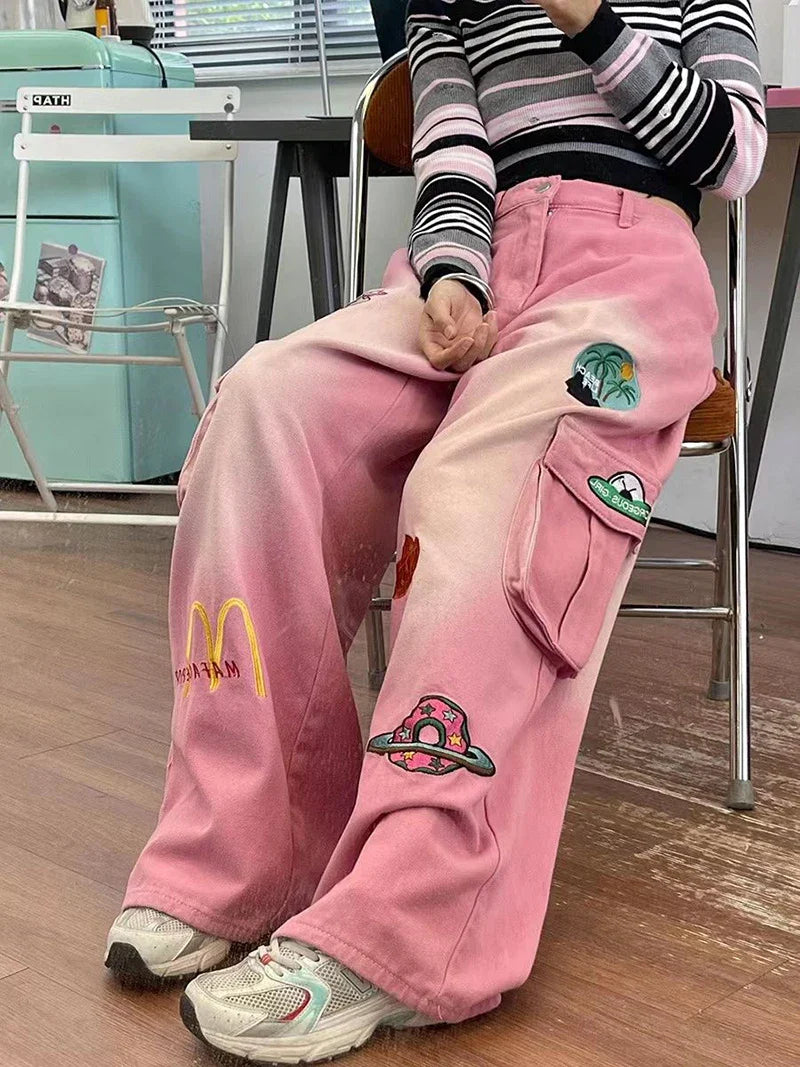 American Pink Cartoon Embroidered Baggy Cargo Mom Jeans for Women Spring New Waist Slimming Wide Leg Pants Trousers Female
