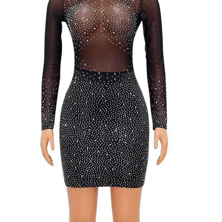 Sexy Mesh Crystal Patchwork Sheer Mini Dress New Elegant Women Long Sleeve Bodycon Dress Night Clubwear Outfits Black