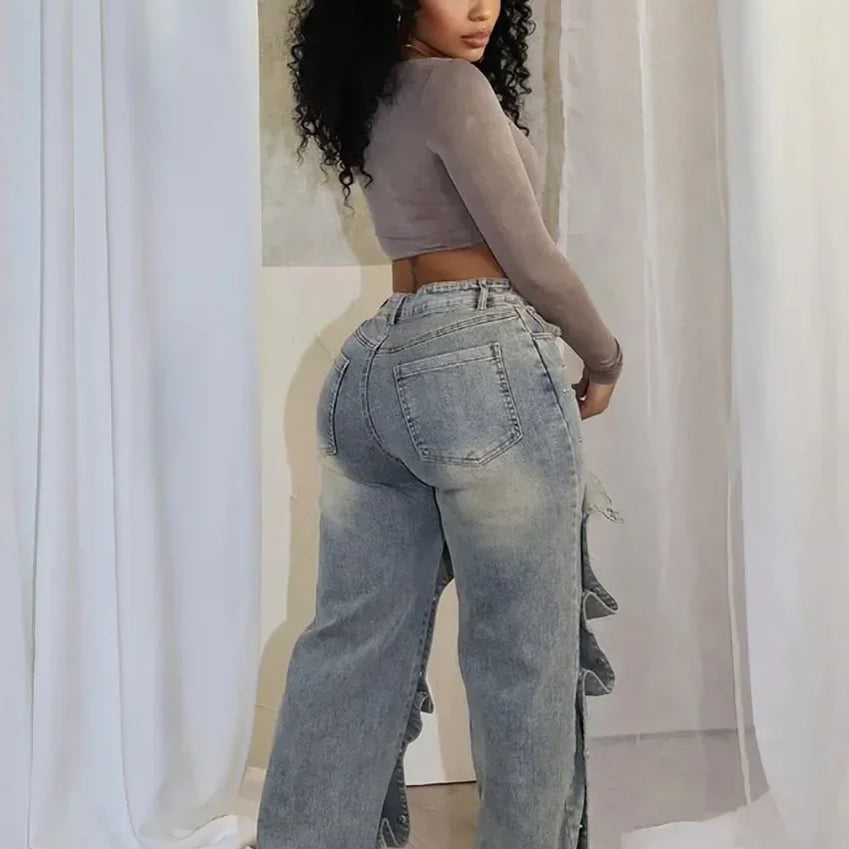 Women Streetwear Button Cutout Cargo Straight Denim Wide Leg Jeans Pants 2024 INS Elastic Fashion Party Cargo Trousers