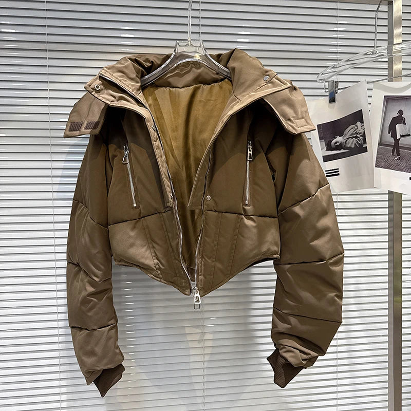 Winter New Fashion Zipper Fishbone Waist-Cinching Warm Hooded Jacket For Women High Street Cotton-padded Coat 11A07495