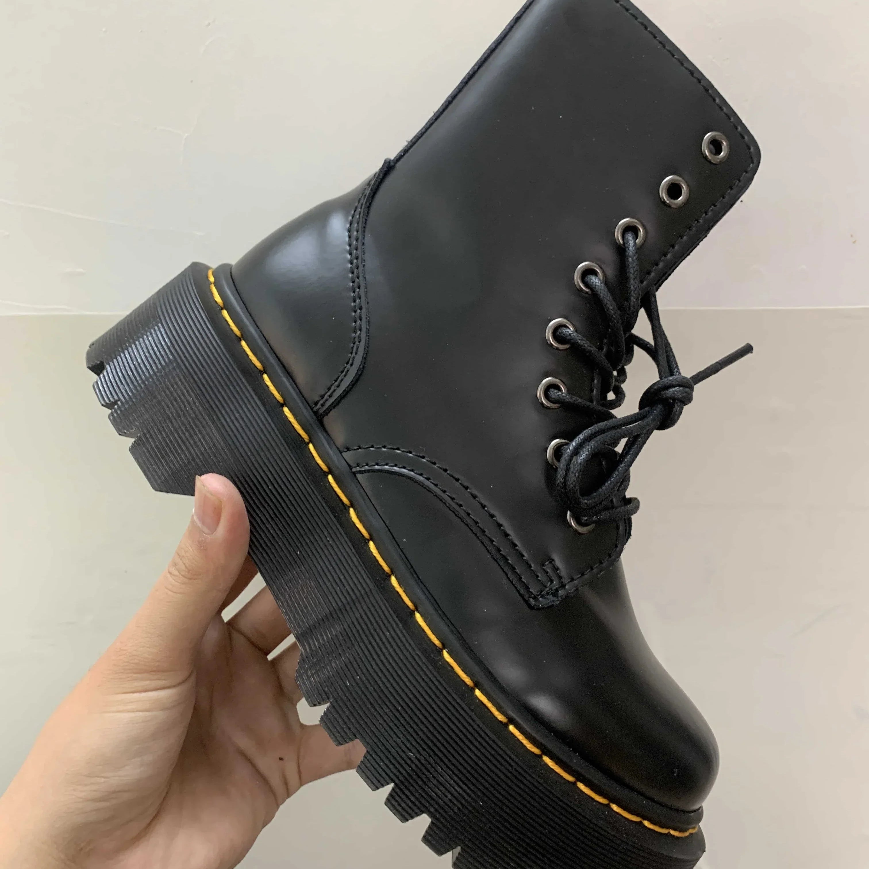Original Women Platform Boots Leather Men Thick Sole Ankle Sexy Female Punk Motorcycle Shoes Combat Booties Plus Size NEW JADON black