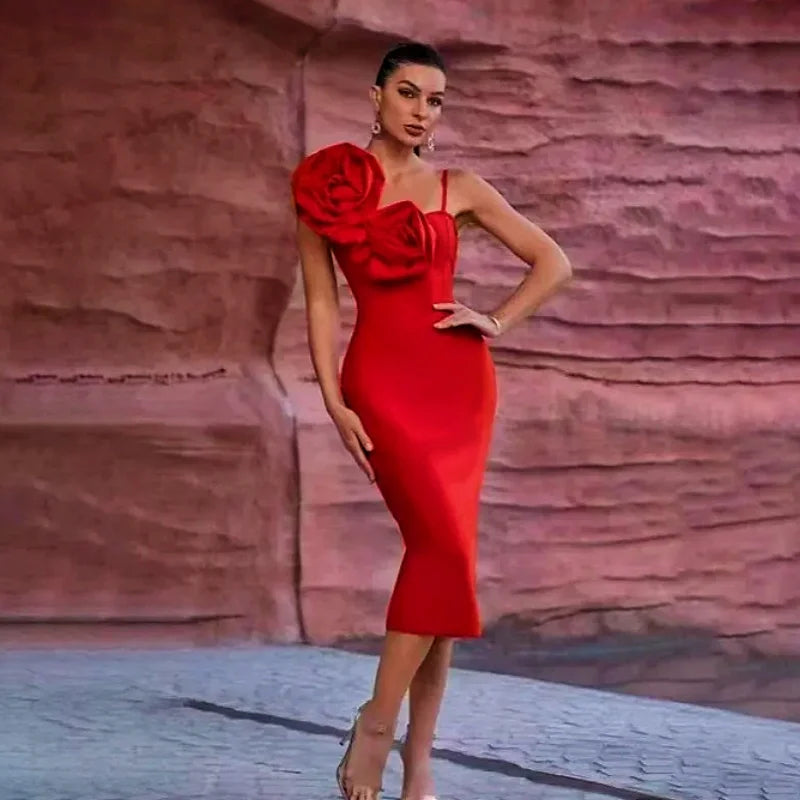 Black Red Color Women Sexy Strap Florals Bodycon Midi Bandage Dress Celebrate Nightclub Party Birthday Photo Shoot Outfit