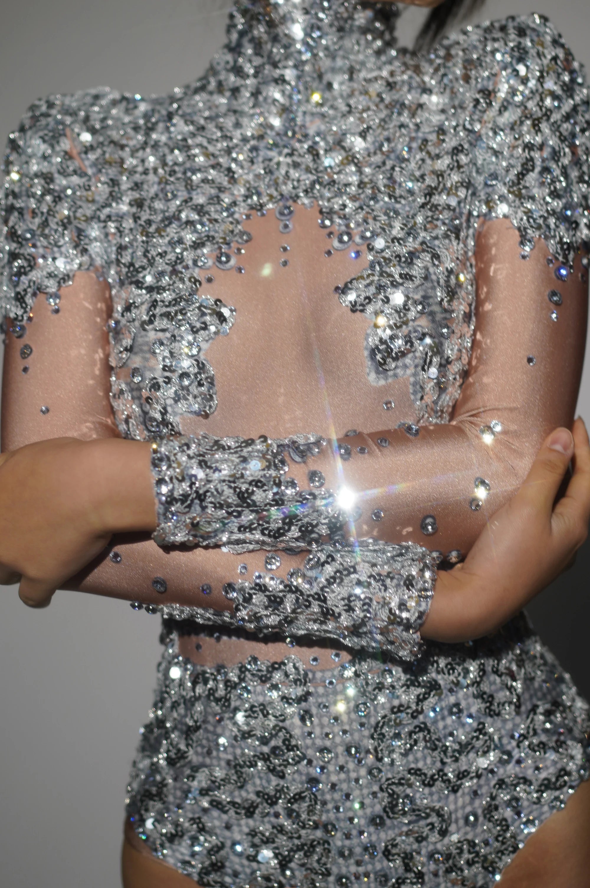 Sparkly Gold Silver Rhinestone Sequin Stretch Bodysuits 2025 New Women Birthday Party Nightclub Dancer Stage Performance Costume