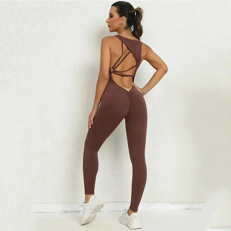 Sportswear Woman Gym Fitness Overalls Lycra Sporty Jumpsuit Women NEW Sport Set Women Yoga Clothes One Piece Outfit Purple Red Dark Brown